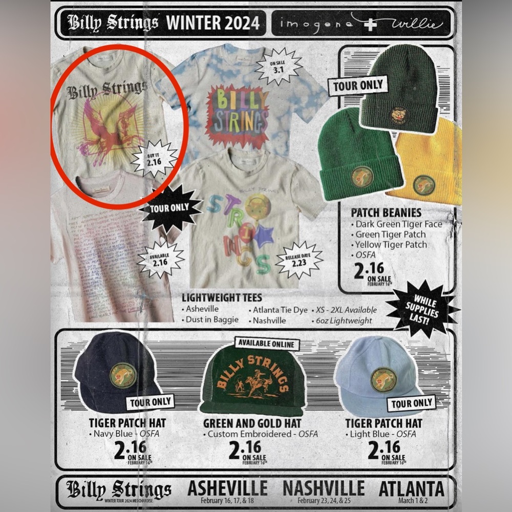 Billy Strings imogene + willie Winter 2024 Concert Tee; TOUR EXCLUSIVE!!! - Picture 2 of 7
